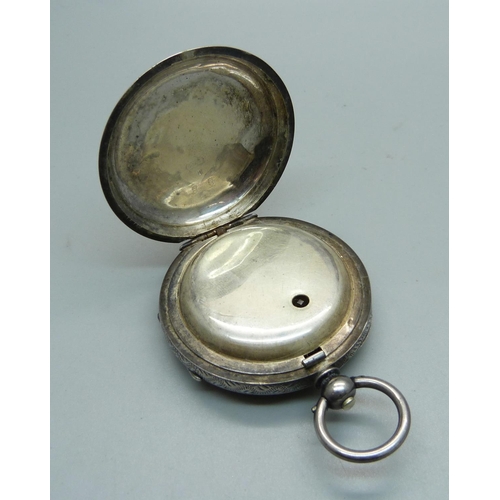 1023 - A late Victorian 935 silver cased pocket watch with silver dial, glass cracked