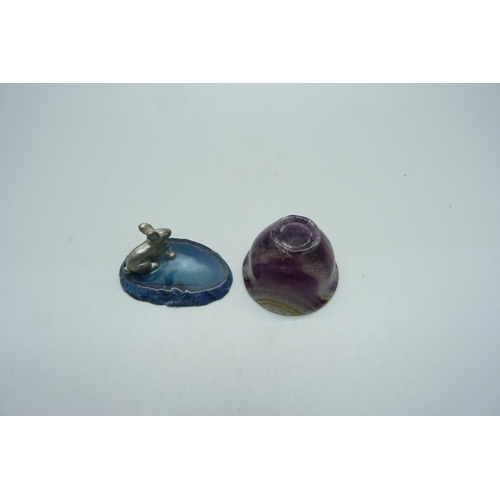 1037 - A Blue John bowl and agate mounted with a rabbit figure, Blue John 40mm diameter