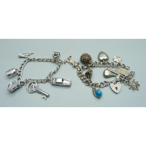 1041 - Two silver charm bracelets, one with 'vampire slaying chest charm', 58g