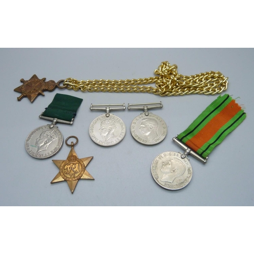 1054 - Five assorted WWII medals and a WWI Star to 292898 B. Saunders Sto. 1. RN