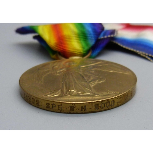 1063 - A pair of WWI medals to 33372 Spr. W.H. Wood, R.E., and a British War Medal to 152568 Gnr. J.W. Huts... 