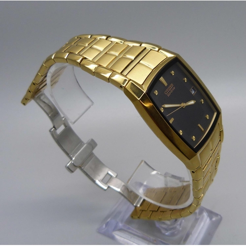 1076 - A gentleman's Citizen Eco Drive Calendar 100 MT gold plated bracelet wristwatch, E111-5049359