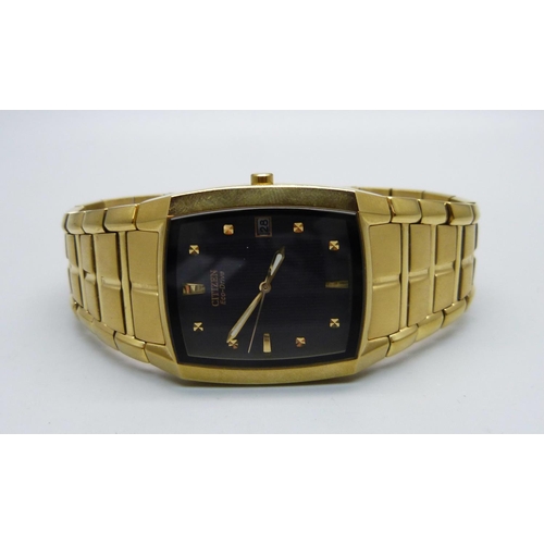 1076 - A gentleman's Citizen Eco Drive Calendar 100 MT gold plated bracelet wristwatch, E111-5049359