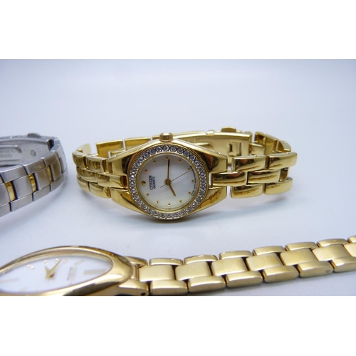 1077 - Three lady's Citizen wristwatches, two Eco-drive and one quartz