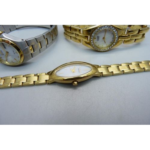 1077 - Three lady's Citizen wristwatches, two Eco-drive and one quartz