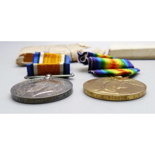 1093 - A boxed pair of WWI medals to A-257230 Pte. A.F. Ranson, A.S.C