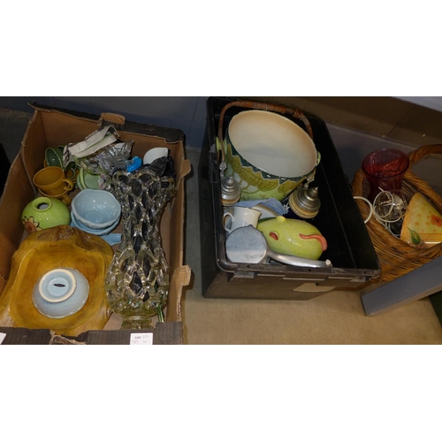 1150 - Two boxes and a basket of decorative china and glass, etc. **PLEASE NOTE THIS LOT IS NOT ELIGIBLE FO... 