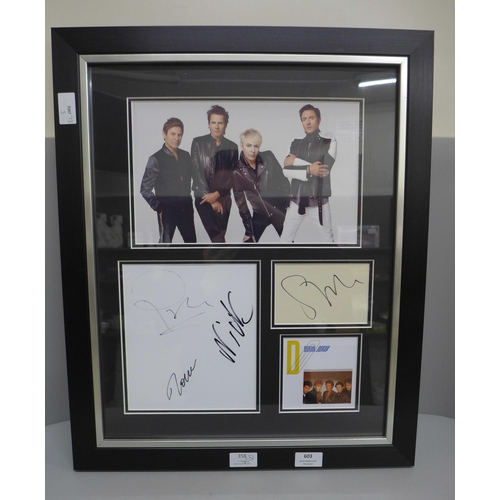 603 - A framed autograph display, Duran Duran, with Universal Autograph Club certificate of authenticity