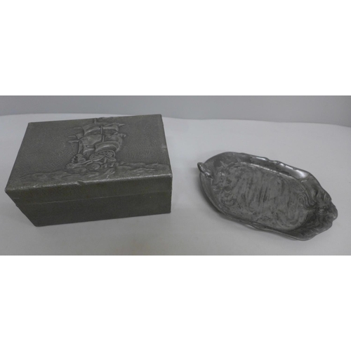 616 - An Arts and Crafts pewter covered box and an Osiris pewter soap dish