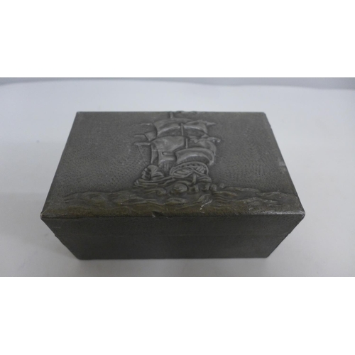 616 - An Arts and Crafts pewter covered box and an Osiris pewter soap dish