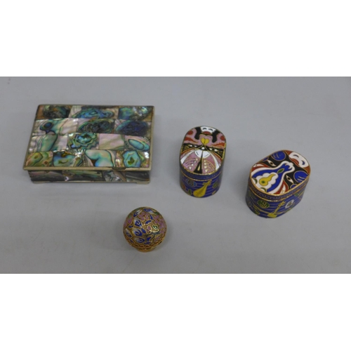 629 - Three enamelled boxes and an abalone set box