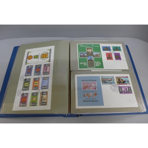 654 - An album containing forty-two first day covers; 8 UK regional, 17 Guernsey and 17 Jersey, 1969-1972,... 