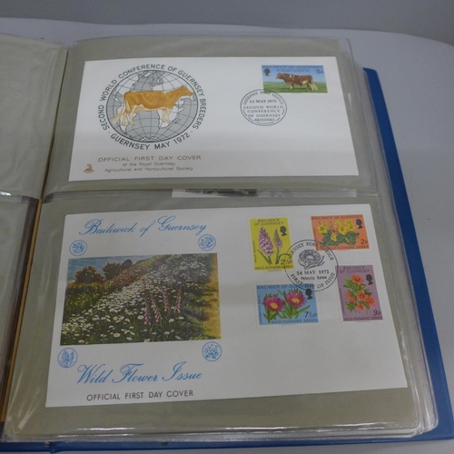 654 - An album containing forty-two first day covers; 8 UK regional, 17 Guernsey and 17 Jersey, 1969-1972,... 