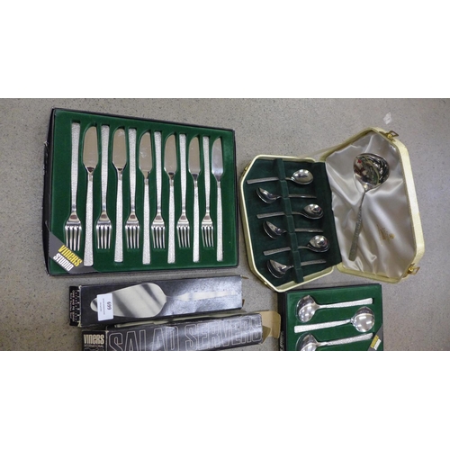 699 - Viners Studio cutlery, 9 boxes, comprises 6 pastry fork and cake lift, 6 pairs of fish eaters, 6 sou... 