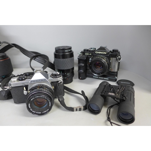 730 - Two 35mm film cameras, Chinon and Pentax and three lenses