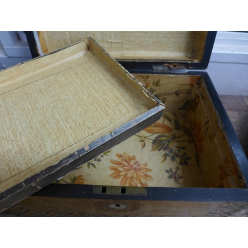 755 - A 19th Century marquetry inlaid workbox (hinges replaced), with mother of pearl inlay