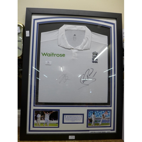 760 - A framed autograph display, England Waitrose Sponsored cricket shirt, Stuart Broad and Jake Bell, wi... 