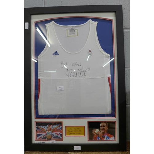 771 - A framed and autographed Adidas running shirt, Jessica Ennis, with Certificate of Authenticity, Univ... 