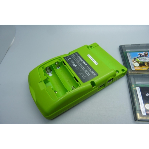 806 - A lime green Gameboy Colour with six games