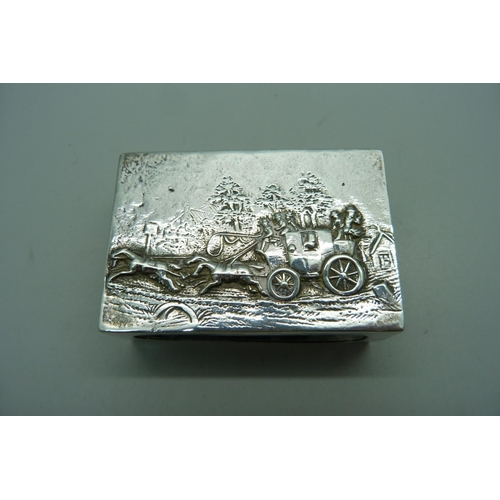 811 - A silver Mappin Bros. match box holder with coaching scene, London 1900, 74g