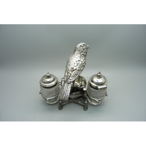 821 - A silver plated cruet in the form of a songbird perched on a branch, kite mark for 1872