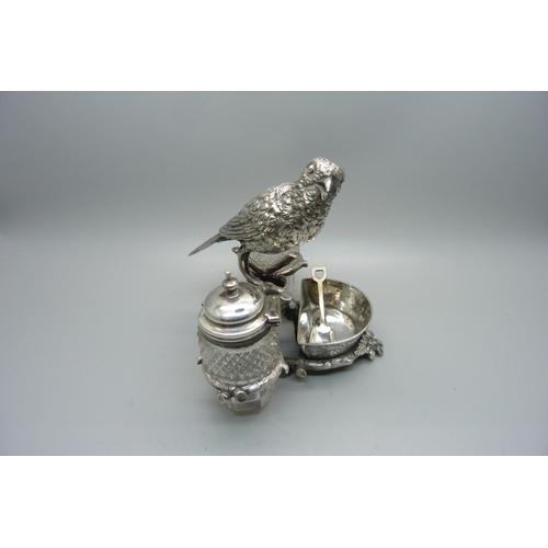 821 - A silver plated cruet in the form of a songbird perched on a branch, kite mark for 1872