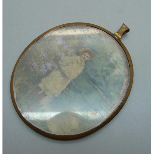 822 - A portrait by Temple, in a gold plated frame, in original case, the oval frame 79mm wide