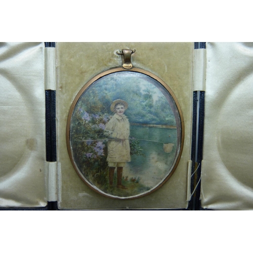 822 - A portrait by Temple, in a gold plated frame, in original case, the oval frame 79mm wide