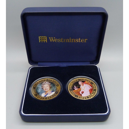 835 - A two coin Diamond Jubilee anniversary set, gilded, enamelled and boxed