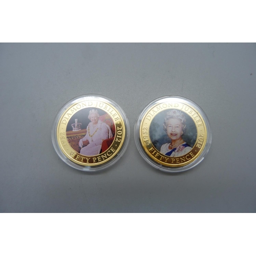 835 - A two coin Diamond Jubilee anniversary set, gilded, enamelled and boxed