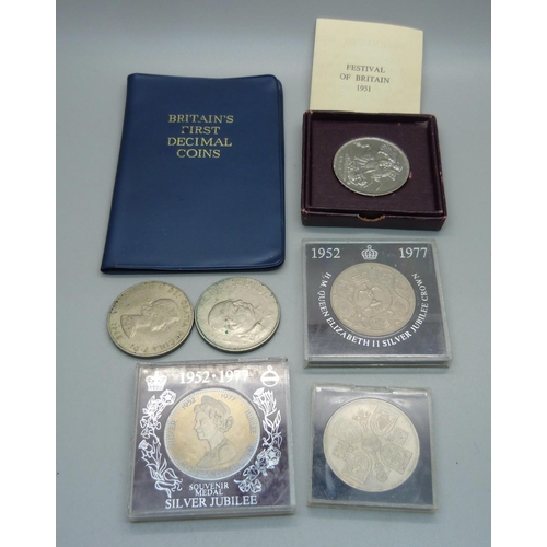 838 - A 1951 Festival of Britain Crown, other commemorative coins and a Decimal coin set