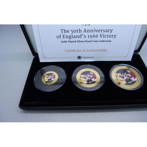 840 - A three coin commemorative set, 50th Anniversary of England's 1966 World Cup victory, gold plated 92... 