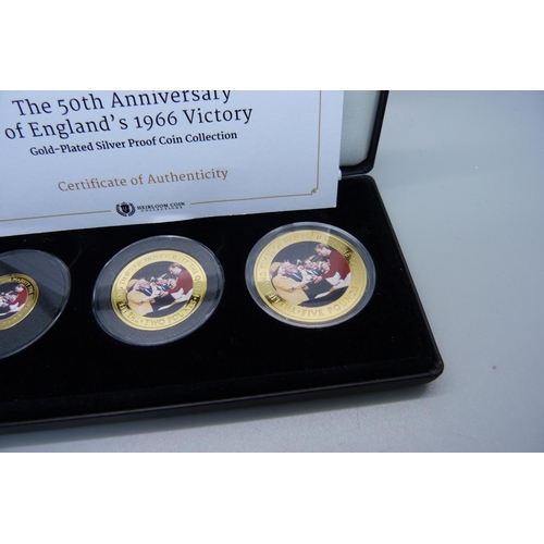 840 - A three coin commemorative set, 50th Anniversary of England's 1966 World Cup victory, gold plated 92... 