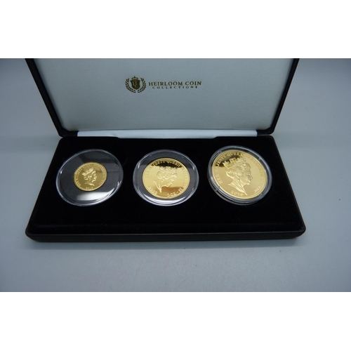 840 - A three coin commemorative set, 50th Anniversary of England's 1966 World Cup victory, gold plated 92... 