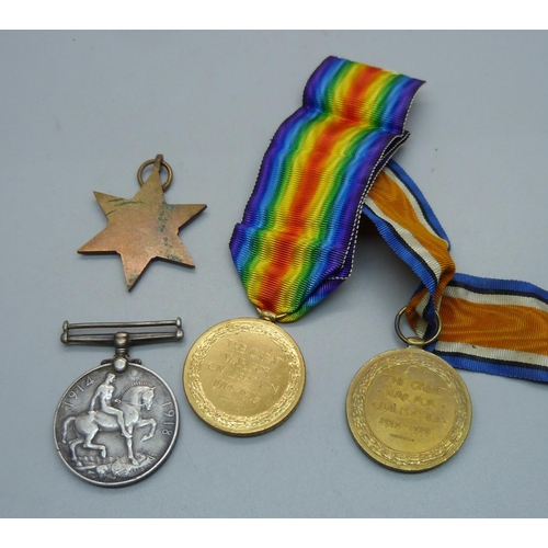 868 - Three WWI war medals and WWII Pacific Star; Victory Medal to 18277 Pte. W. Humphries Cheshire Regime... 