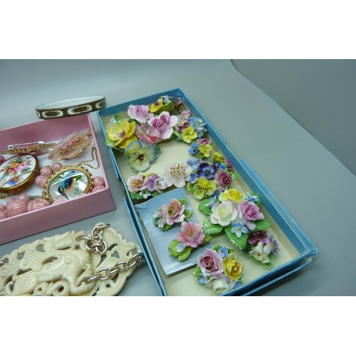 884 - A collection of cloisonne jewellery, acrylic brooches with floral decoration and ceramic brooches