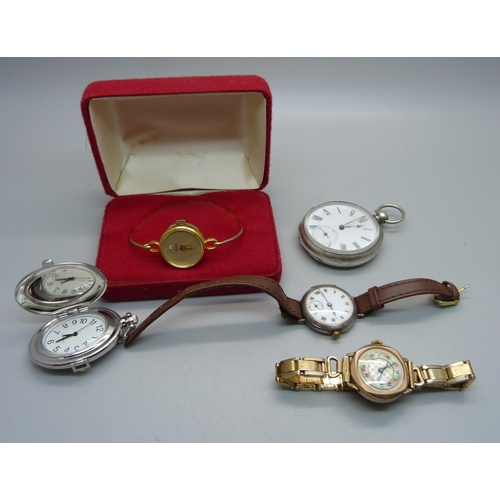 890 - A silver pocket watch, a silver wristwatch, a rolled gold wristwatch, etc.