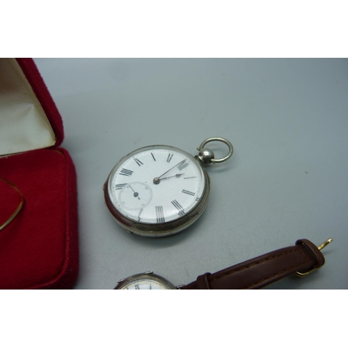 890 - A silver pocket watch, a silver wristwatch, a rolled gold wristwatch, etc.