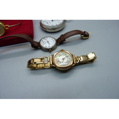 890 - A silver pocket watch, a silver wristwatch, a rolled gold wristwatch, etc.