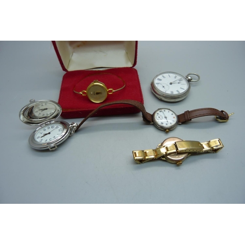 890 - A silver pocket watch, a silver wristwatch, a rolled gold wristwatch, etc.