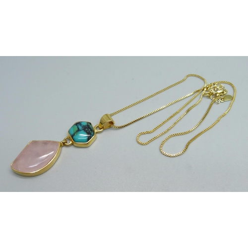 939 - A Lhasa turquoise and rose quartz pendant and chain, with certificate