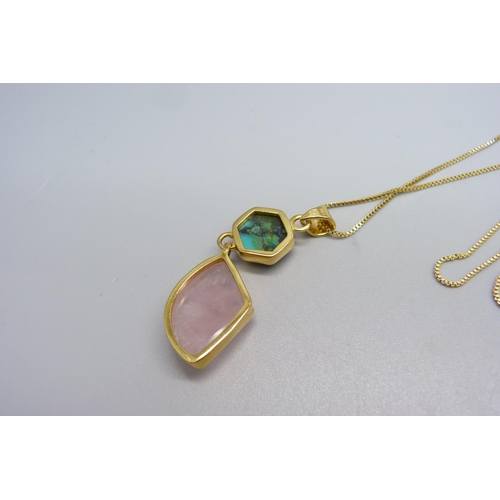 939 - A Lhasa turquoise and rose quartz pendant and chain, with certificate