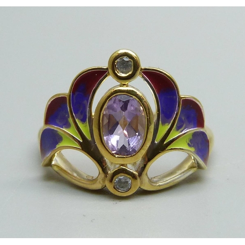 943 - A silver gilt amethyst, zircon and enamel Art Nouveau style ring, with certificate, S