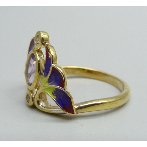 943 - A silver gilt amethyst, zircon and enamel Art Nouveau style ring, with certificate, S