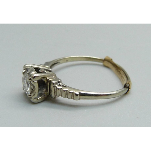 953 - A 14ct white gold Art Deco diamond solitaire ring, approximately .40 carat weight, 2g, M