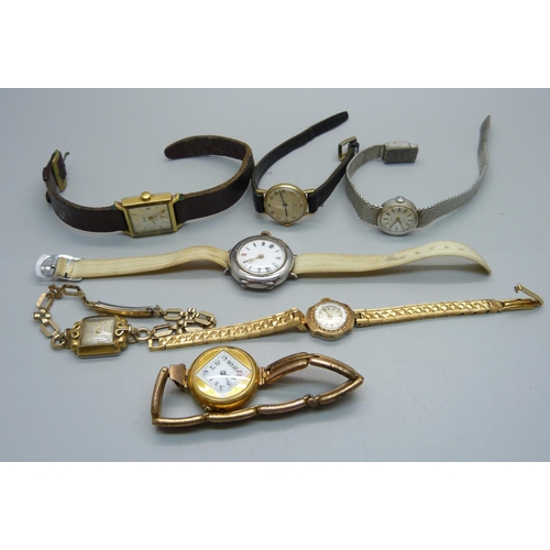 972 - Seven lady's wristwatches, including one silver cased, one lacking crown