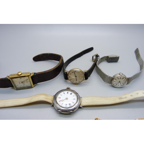 972 - Seven lady's wristwatches, including one silver cased, one lacking crown