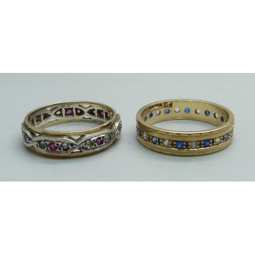 974 - A 9ct gold eternity ring, 3.2g, P, and a 9ct gold and silver ring, O