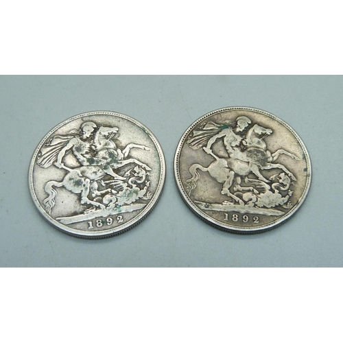 988 - Two Victorian silver crowns, both 1892