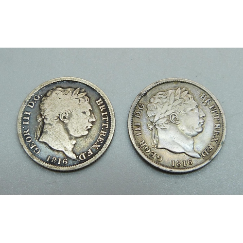 993 - Two George III shillings, 1813 and 1816